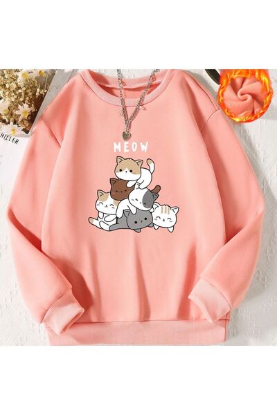 Kids Üst Üste Altı Kedi Baskılı Unisex Kışlık Çocuk Sweatshirt Pembe
