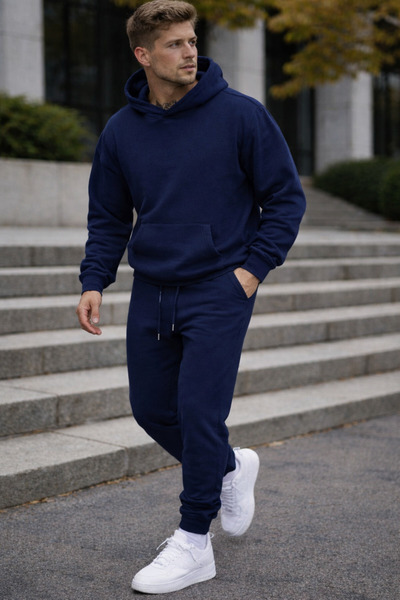 NAKRUF Men's Navy Blue Hooded Tracksuit Set Winter Kangaroo Pocket Cotton Inside