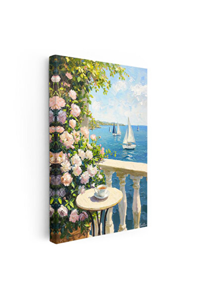 Tablofest Dikey Kanvas Tablo Çiçekli Teras ve Deniz Yelkenlileri Manzara Ve D...