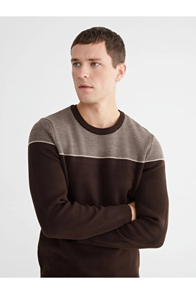 LC Waikiki Brown Crew Neck Color Block Men's Knitwear Sweater
