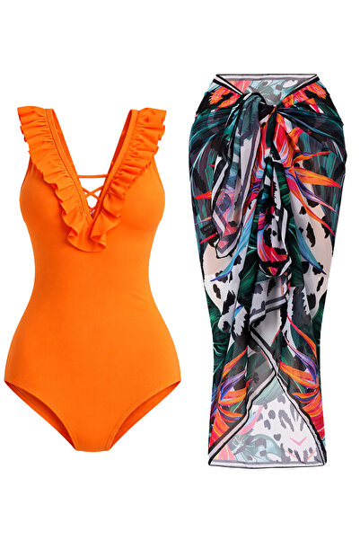 CUPSEA Thinning Effect Ruffled Front Yellow Swimsuit Lana Black 2-Piece Set