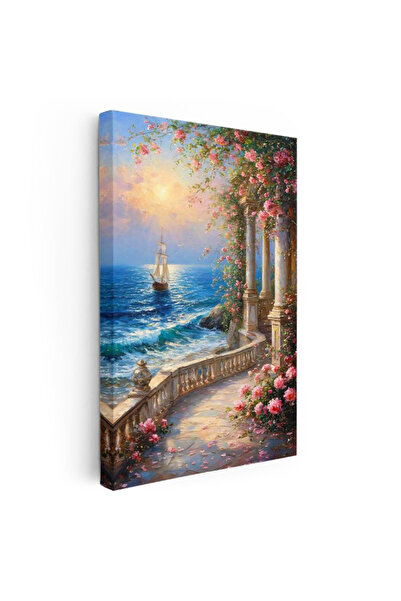 Tablofest Dikey Kanvas Tablo Güllü Sütunlu Sahil ve Yelkenli Manzara Ve Doğa ...