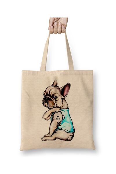 Toyaso French Bulldog Tattoo I Love Mom Dog White Cloth Bag Long Handle Shopp...