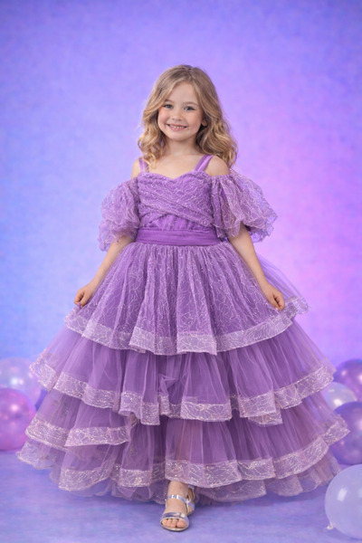 Rüyam Çocuk Abiye Kız Çocuk Prenses Abiye Elbise Kat Kat Tüllü Simli Omuz Ask...