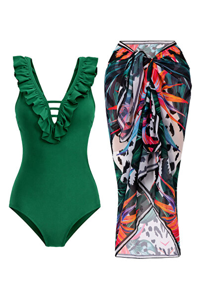 CUPSEA Green Swimsuit with Ruffles on the Front, Effective for Slimming, Lana...