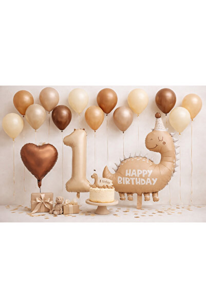 luna parti Bej Kahve Karamel Dinozor Temalı 1 Yaş Doğum Günü Folyo Balon Seti...
