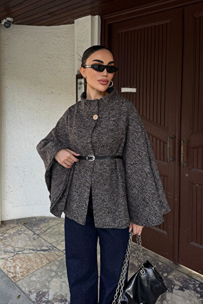 bacc Brown Belt Detailed Cashmere Cape Coat Bchnv-251224