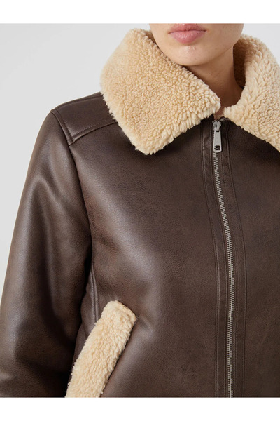 LC Waikiki Fur Collar Women's Leather-Look Coat