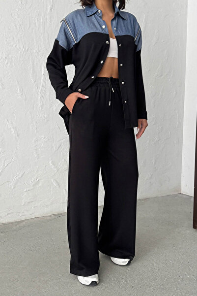 bacc Black Denim Fabric Paneled Soft Textured Pants Shirt Suit Bchn-25261022