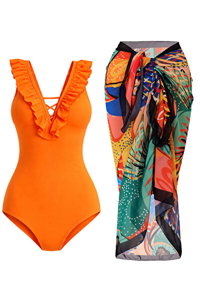 CUPSEA Thin, Effective, Ruffled Front Yellow Swimsuit Orange Leaf 2-Piece Set