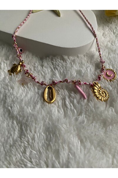 NUR LUCIA PEMBE İPLİ KAPLUMBAĞA, BİBER, SALYANGOZ, TAŞ MOTİFLİ ÇELİK CHARMLI ...