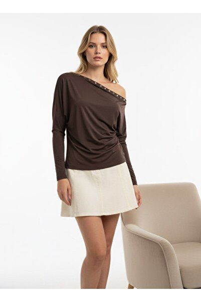 mysimy Long Sleeve Flexible Blouse with Metal Accessories on the Shoulder