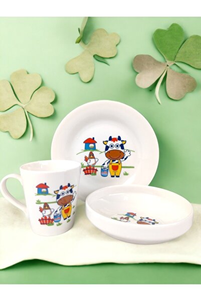 Tulü Porselen Tulu Porselen 3'Lü Mama Seti Porselen Kupa, tabak ve Kase İnekli