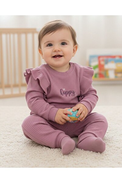 VOY KİDS طقم ملابس علوي وسفلي مطبوع عليه Happt للفتيات الصغيرات، قماش قطني، م...