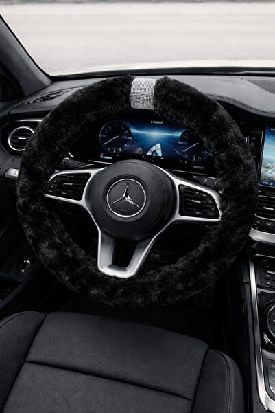 IŞILTI DESİGN Kadınlara Özel Geçme Peluş Direksiyon Kılıfı Tavşan Tüylü Siyah