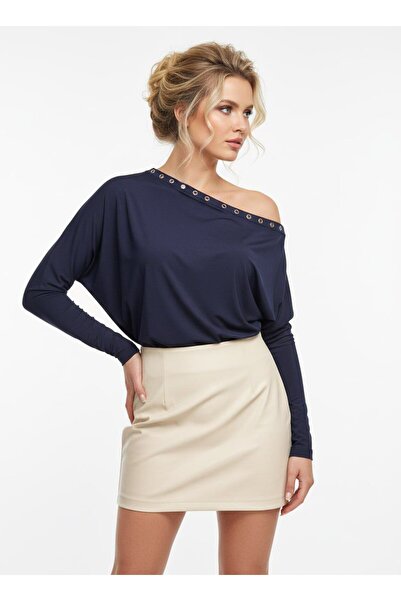 mysimy Long Sleeve Flexible Blouse with Metal Accessories on the Shoulder