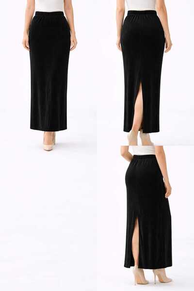 Butik Velvet Long Skirt with Elastic Waist and Slit at the Back, Product Length 95 cm