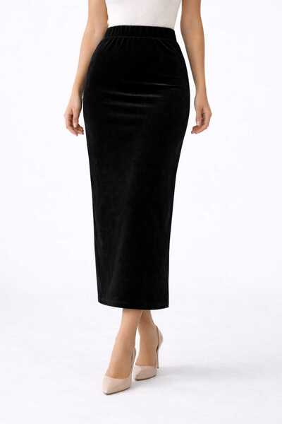 Butik Velvet Long Skirt with Elastic Waist and Slit at the Back, Product Leng...