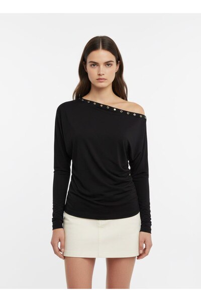 mysimy Long Sleeve Flexible Blouse with Metal Accessories on the Shoulder