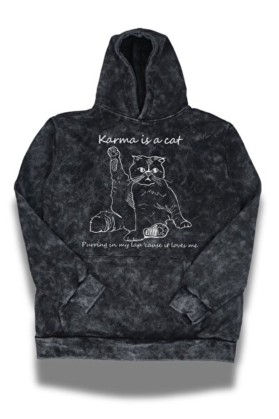 Fuddy Moda سويت شيرت كارما إز كات مطبوع بغطاء رأس للجنسين قابل للغسل، هودي قص...