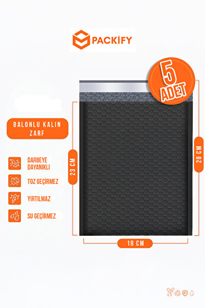 Packify 5 Adet 18x23 cm Siyah Ekstra Kalın Balonlu Zarf Su Geçirmez Yapışkanl...