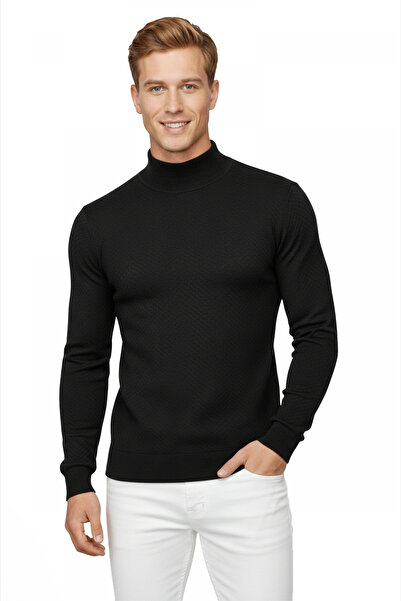 DeepSEA Чорний трикотажний светр з напівстійкою та лікрами Slim Fit 2505516