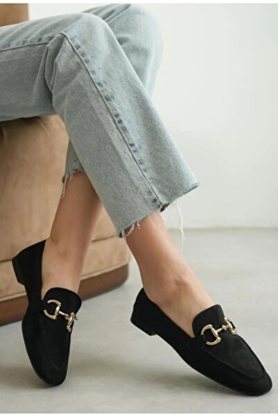 bashrol Kadın Siyah Süet Gold Tokalı Ortopedik Hafif Şık Ve Rahat Loafer Mako...