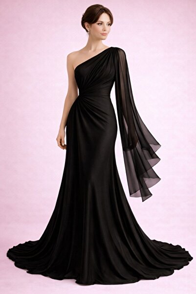 MODA One Shoulder Chiffon Cape Detail Long Evening Dress – Black