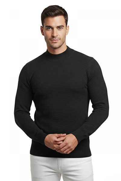 DeepSEA Чорний Slim Fit чоловічий трикотажний светр з напівстійкою – з лінійн...