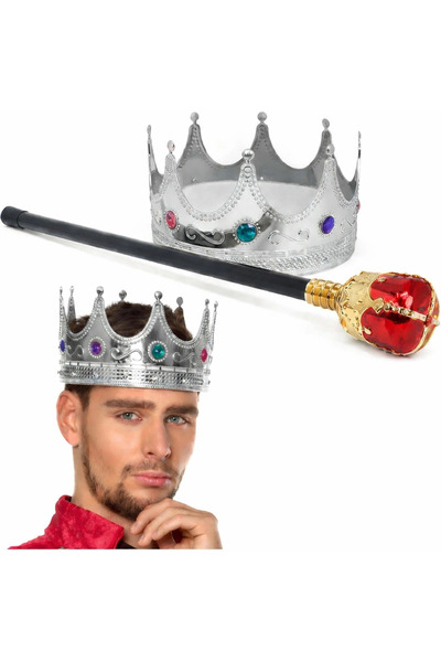Lisinya طقم تاج الملك الفضي وعصا الملك الحمراء بطول 60 سم - TYGOO