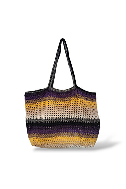 Perlaçeşme Macrame Rope Hand Knitted Purple Yellow Women's Mesh Shoulder Bag