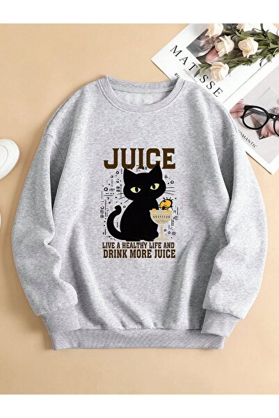 Kids سويت شيرت جوس بلاك كات مطبوع للأطفال للشتاء باللون الرمادي