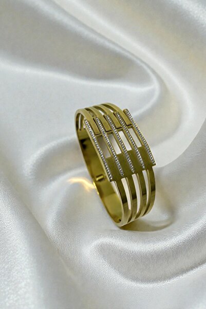 Lorivelle Zirkon Taşlı Kaburga Kelepçe Bilezik - 316L Çelik 14K Altın Kaplama...