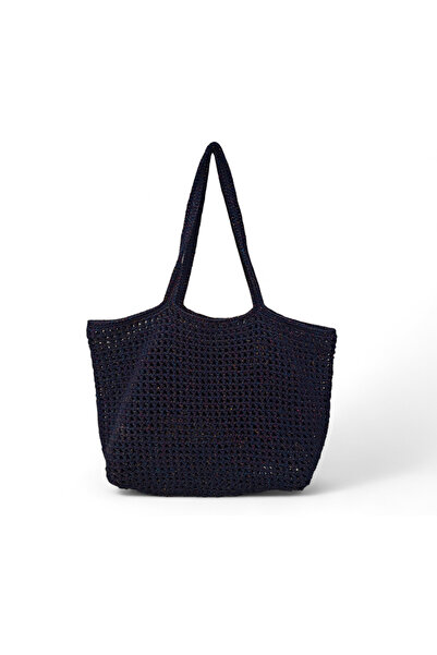 Perlaçeşme Macrame Rope Hand Knitted Glittery Navy Blue Women's Mesh Shoulder...