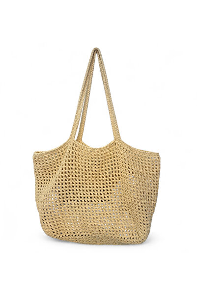 Perlaçeşme Macrame Rope Hand Knitted Yellow Women's Mesh Shoulder Bag