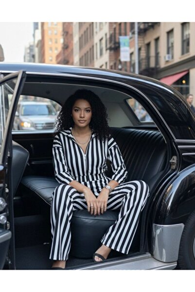 JANES Women's Stripe Detail Velvet Fabric Cardigan Pants Double Set