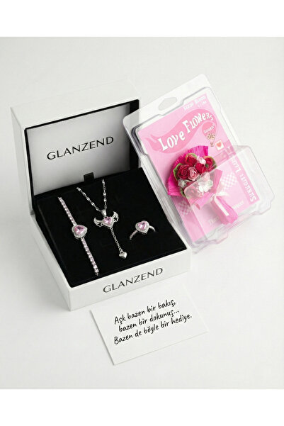 GLANZEND Gümüş Kalp Seti Ve Love Flowers Çiçek Sevgililer Günü Hediyesi ( Çiç...