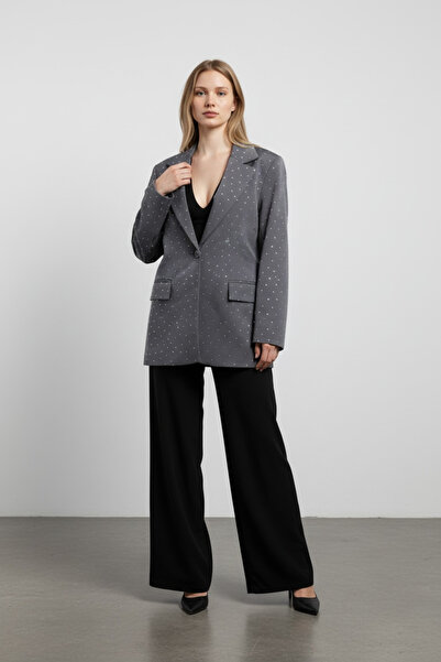SLAY BUTİK Full Taş Detaylı Düğmeli Astarlı Blazer Ceket