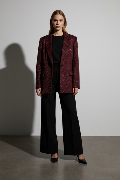 SLAY BUTİK Full Taş Detaylı Düğmeli Astarlı Blazer Ceket Vişne Bordo