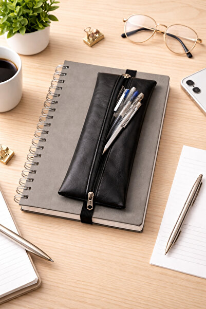 SYAZE Minimal Black Faux Leather Notebook Pen Holder – Elastic Design