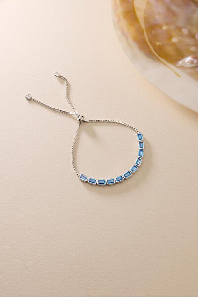 Nereze 925 Ayar Gümüş Rodyum Kaplama Ayarlanabilir Asansörlü Sıralı Aquamarin...