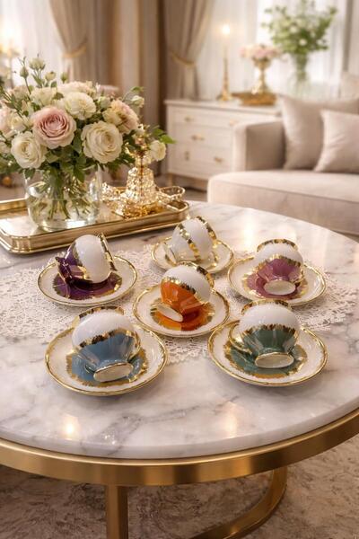 BY.RAYKA PORSELEN El Dekor ZİKZAK 6 LI PORSELEN EL BOYAMA KAHVE FİNCAN TAKIMI