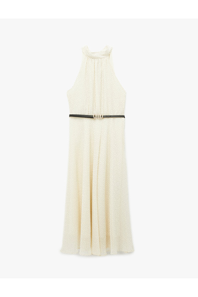 Koton Kemer Detaylı Şifon Halter Yaka Kolsuz Puantiyeli Uzun Elbise
