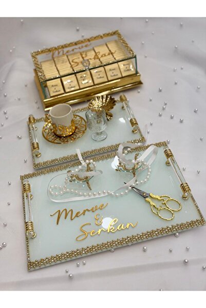 GÜRLEK TEKSTİL Nişan Tepsisi Kız Isteme Tepsi Makas Yüzüklük Damat Kahvesi Çi...