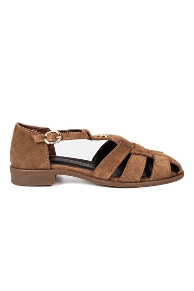 VİVENS MODA Women's tan suede buckle-strap casual sandals