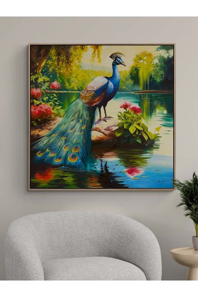 Simurg Sanatevi Tavus Kuşunun Masalı Yağlı Boya Tablosu - Tuval Üzerine El Ya...