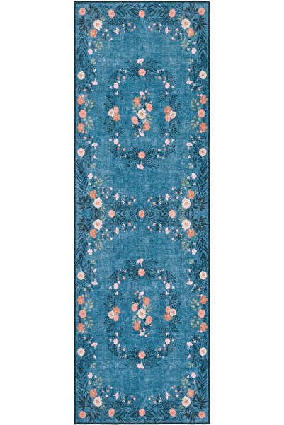 Cool Halı Florence Mavi Pembe Çiçekli Eskitme Otantik Yıkanabilir Kolay Temiz...