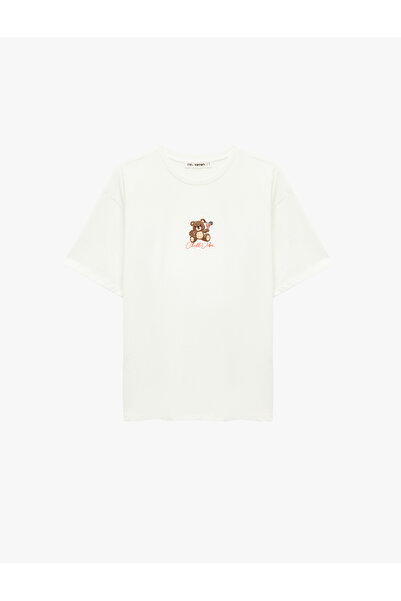 Koton Κοντομάνικο μπλουζάκι με κέντημα αρκουδάκι, βαμβακερό oversized