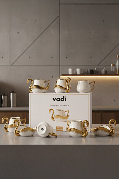 Vadi Swan Figured Gold Gilded 6-Person Porcelain Coffee Cup Set