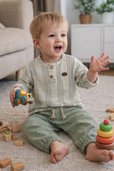 Babyhola Bayramlık Erkek Bebek İkili Takım Katlanabilir Kollu Müslin Üst ve P...